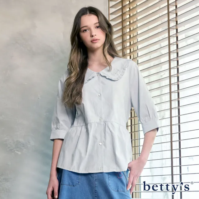 【betty’s 貝蒂思】翻領荷葉邊收腰綁帶七分袖上衣(共二色)