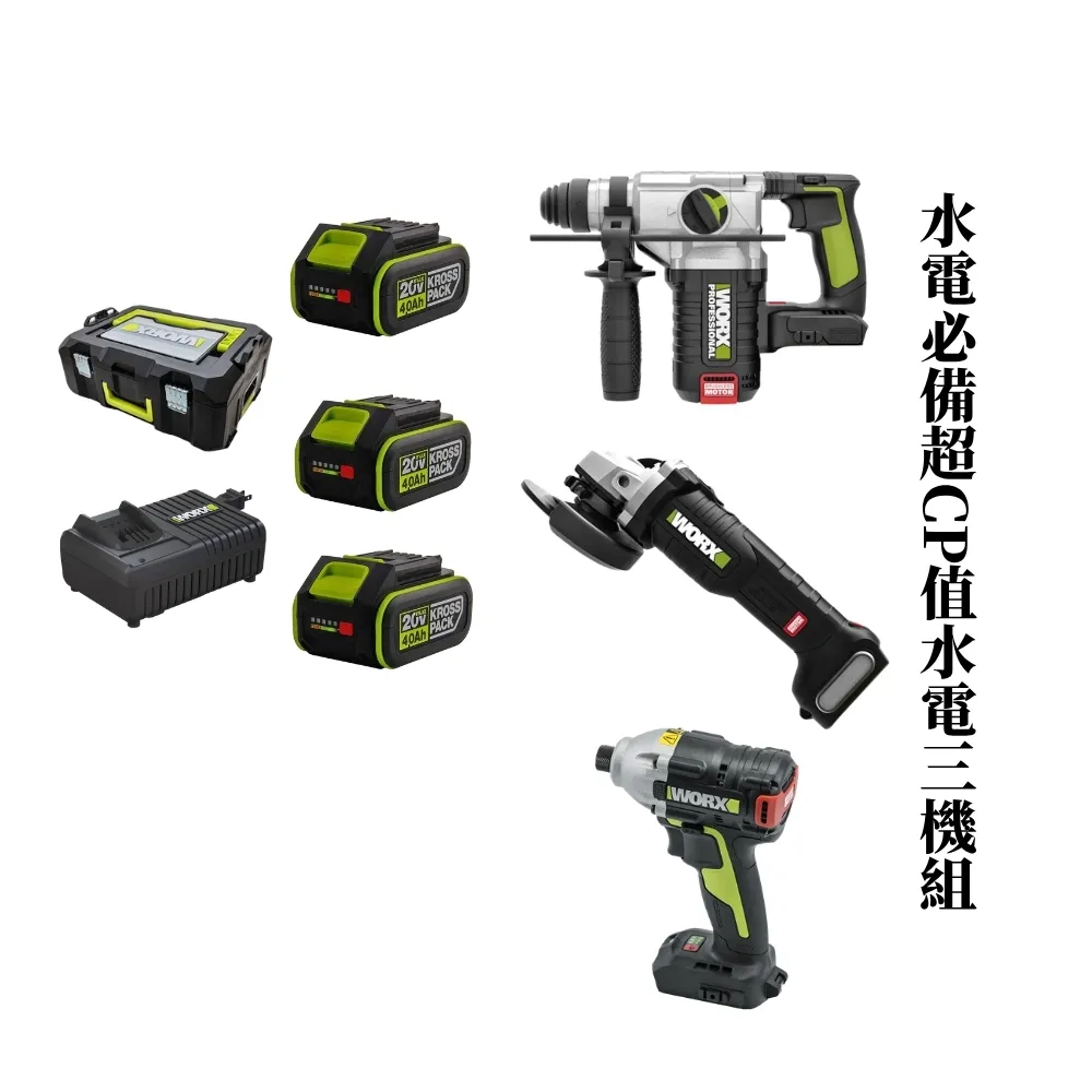 【WORX 威克士】超CP值無刷水電三機組 無刷砂輪機+電錘+起子機(WU939-2.1)