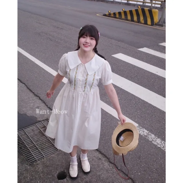 【Want-Meow】60公斤可穿/精緻日系野餐短袖花刺繡可愛洋裝連身長洋長裙(大碼/大尺碼/加大碼/洋裝)
