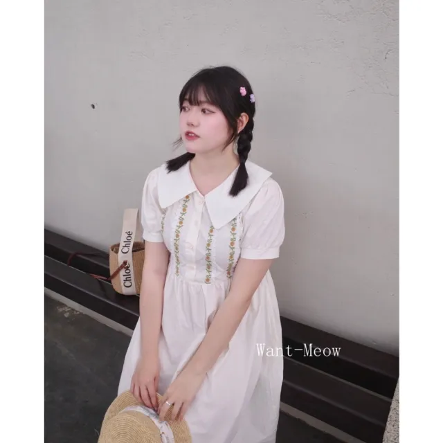 【Want-Meow】60公斤可穿/精緻日系野餐短袖花刺繡可愛洋裝連身長洋長裙(大碼/大尺碼/加大碼/洋裝)