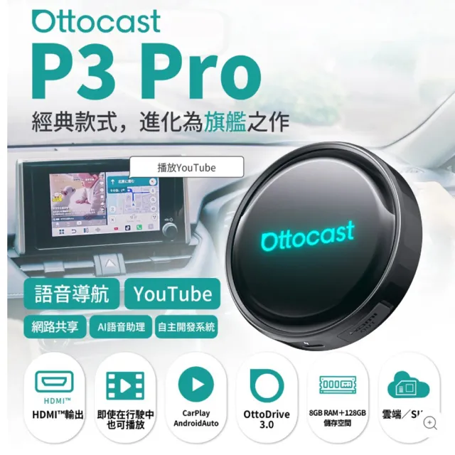 【ottocast】Aibox P3 Pro 旗艦版 CarPlay AI多媒體車載媒體盒(公司貨)