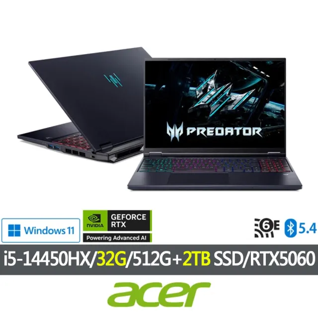 【Acer 宏碁】特仕版 16吋電競筆電(Predator/PHN16-I31-51M3/i5-14450HX/16G+16G/512G+2TB SSD/RTX5060)