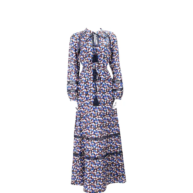 【TORY BURCH】Sonia 縷空細節馬賽克流蘇度假長洋裝(連身裙 精品)