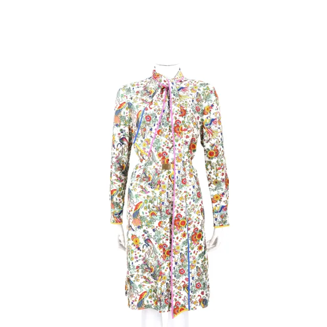 【TORY BURCH】可拆領結印花真絲襯衫式腰帶洋裝(連身裙 精品)