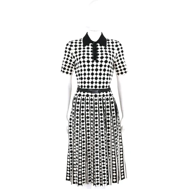 【TORY BURCH】圓點線條針織混紡黑白打摺連身裙 洋裝(短袖 復古 點點)