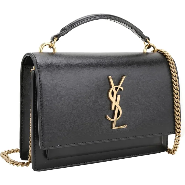 【YSL】Saint Laurent SUNSET 小型 復古銅金Logo 牛皮翻蓋斜背/手提 兩用包(黑色)