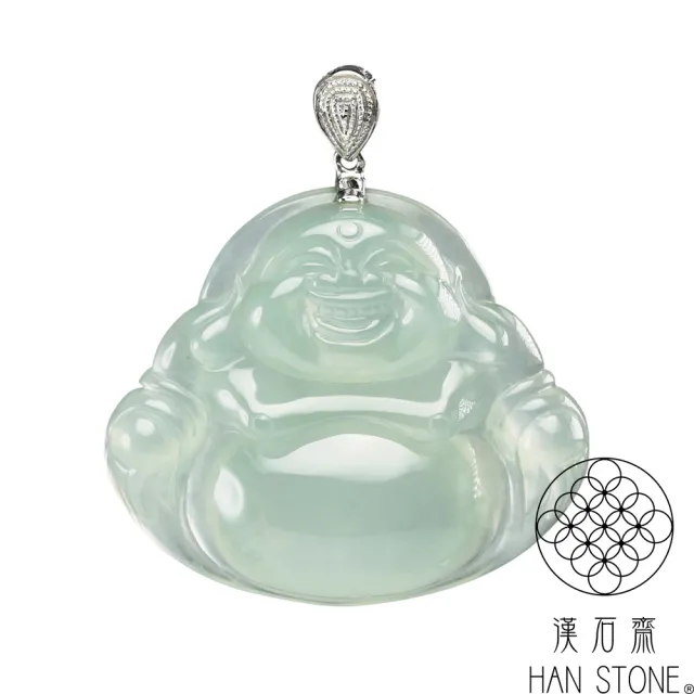 【漢石齋】天然翡翠A貨 彌勒佛白18K金墜頭玉佩吊墜 冰芙蓉種(28*25*6.5mm)