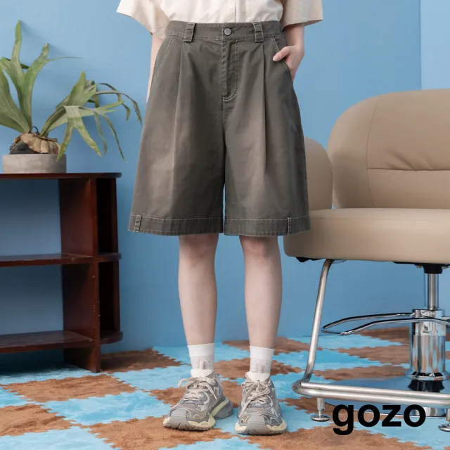 【gozo】顛倒設計水洗後鬆緊五分褲(深灰/深藍)
