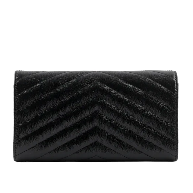 【YSL】山形紋荔枝皮金字logo釦式長夾(黑色)