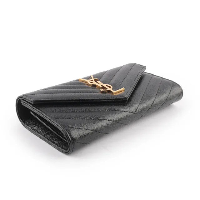 【YSL】山形紋荔枝皮金字logo釦式長夾(黑色)