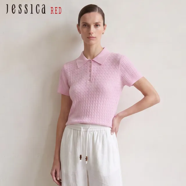 【Jessica Red】Polo領天絲亞麻蠶絲短袖針織衫R63501（粉）