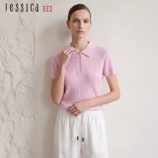 【Jessica Red】Polo領天絲亞麻蠶絲短袖針織衫R63501(粉)