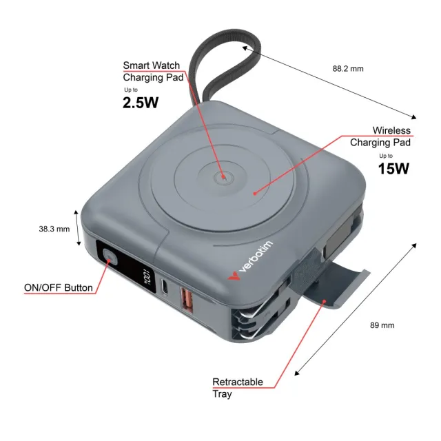 【Verbatim 威寶】15000mAh 行動電源 (AC插頭 + 無線充電 + TYPE-C + Lightning 整合線 + 電量顯示)