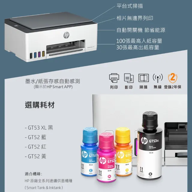 【HP 惠普】官方直營 搭1大容量黑墨GT53XL★Smart Tank 580 Wifi連續供墨複合機(列印/影印/掃描/無線5D1B4A