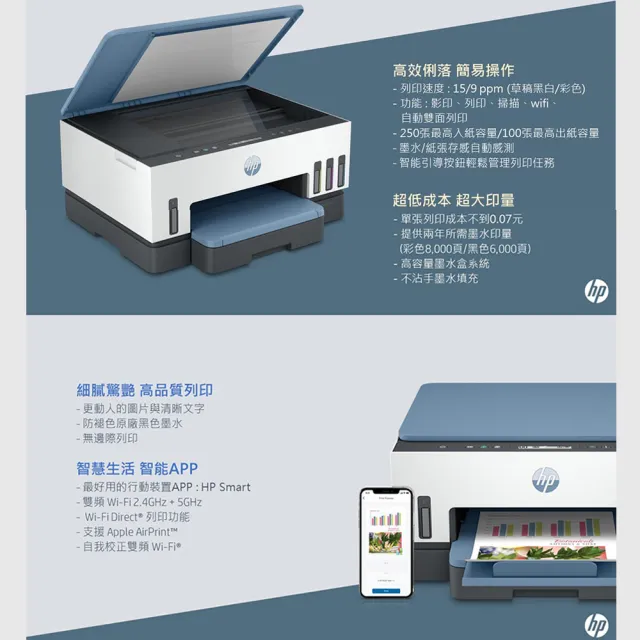 【HP 惠普】官方直營 搭1大容量黑墨GT53XL★Smart Tank 725 Wifi連續供墨複合機(28B51A)