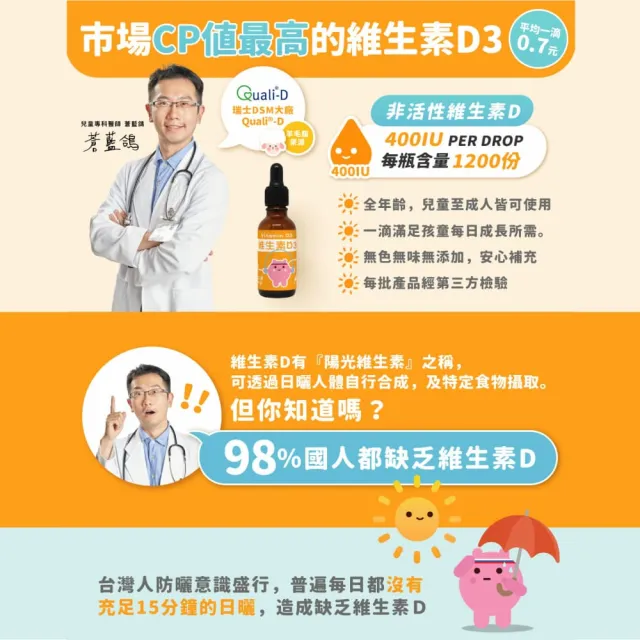 【藥師健生活】400IU 維生素D3 3盒(30ml/盒 趙小僑推薦 新生兒補充 維他命D3 滴劑 全年齡適用 瑞士DSM大廠)