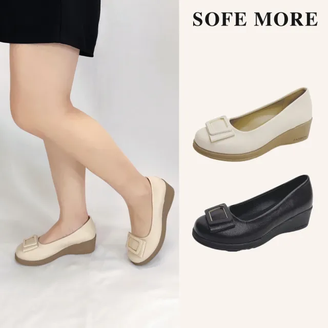 【SOFE MORE】霧面皮革方扣坡跟包鞋 氣質娃娃鞋 上班族舒適鞋 女生厚底包鞋 百搭坡跟鞋(厚底包鞋)
