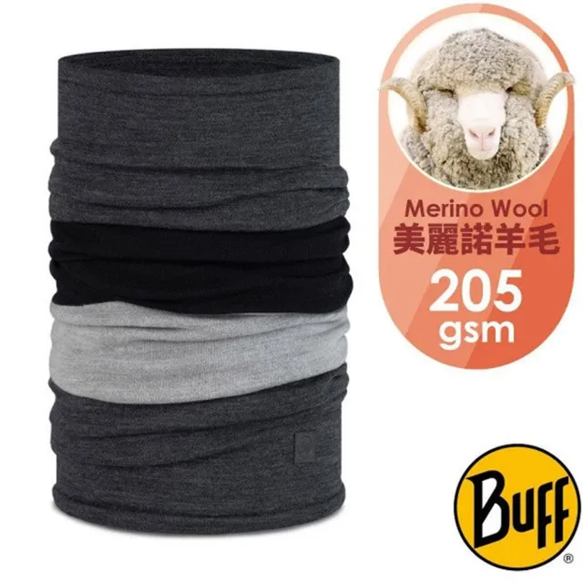 【BUFF】舒適繽紛 205gsm 撞色美麗諾羊毛頭巾/Merino 恆溫透氣/ 132890-901 低調灰黑