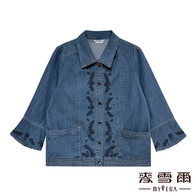 【MYVEGA 麥雪爾】高含棉刺繡休閒七分袖牛仔襯衫外套-藍