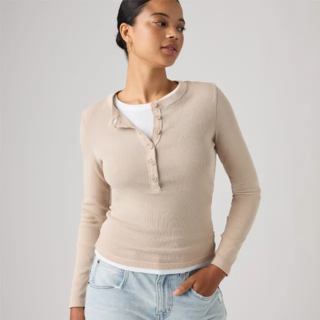 【LEVIS】基本款長袖亨利領上衣 / 微彈性 女生上衣 人氣新品 0086R-0008