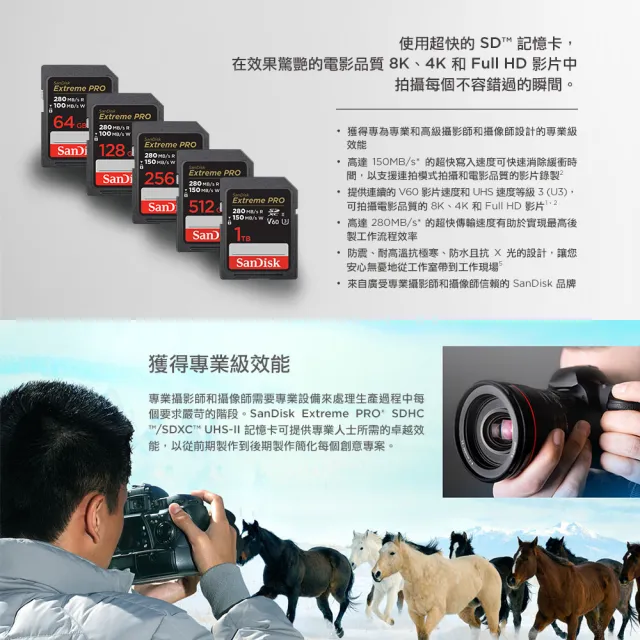 【SanDisk 晟碟】[全新版 再升級] 128GB Extreme PRO SDXC UHS II 記憶卡 280MB/s(專業攝影 原廠永久保固)