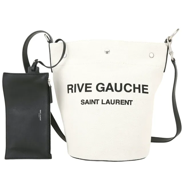 【YSL】Saint Laurent Rive Gauche 字母帆布可調肩背/斜背水桶包 附可拆萬用袋(黑色 大容量 字母)