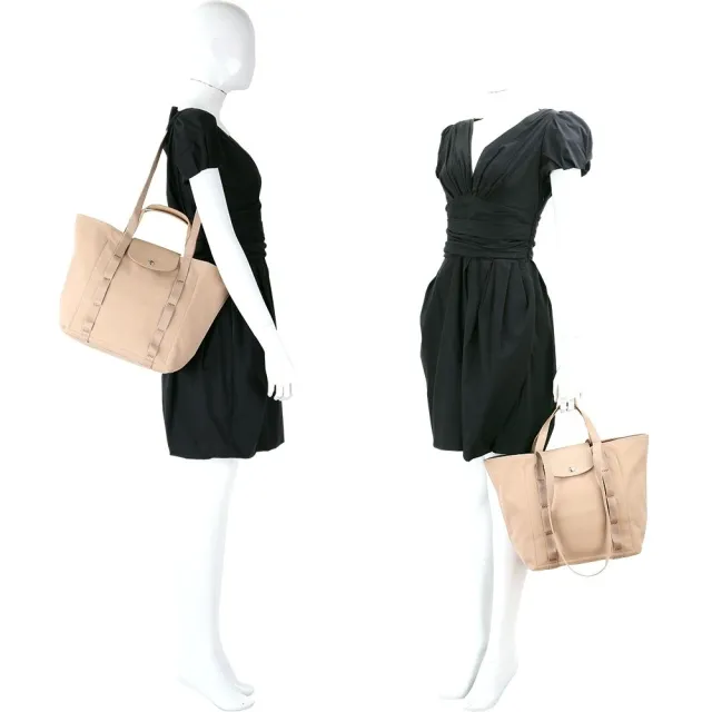 【LONGCHAMP】Le Pliage Collection 縫線織帶 帆布手提 肩背托特包(米色 兩用包 通勤包)