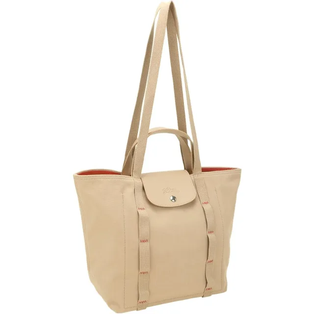 【LONGCHAMP】Le Pliage Collection 縫線織帶 帆布手提 肩背托特包(米色 兩用包 通勤包)