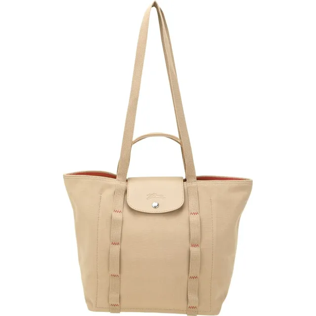 【LONGCHAMP】Le Pliage Collection 縫線織帶 帆布手提 肩背托特包(米色 兩用包 通勤包)