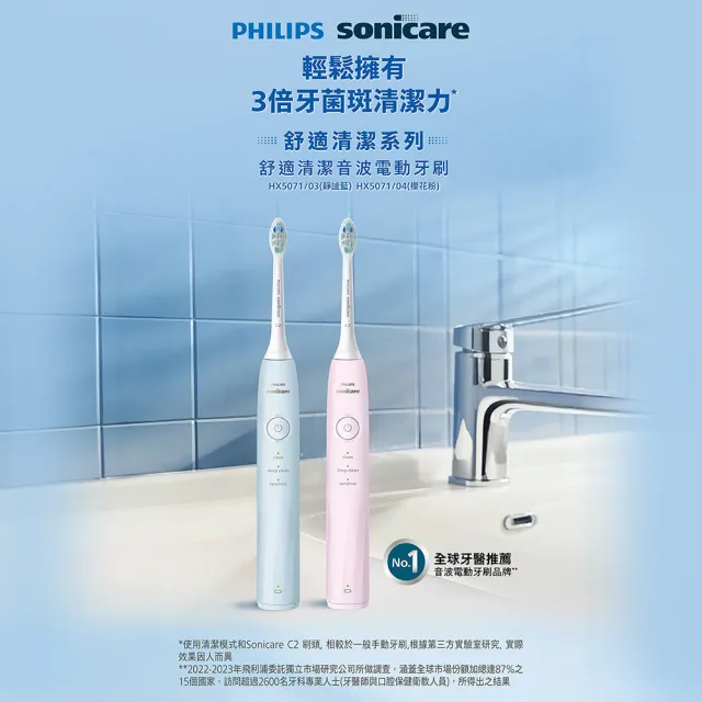 【Philips 飛利浦】HX5070/5071 Sonicare舒適清潔音波電動牙刷(2026新品/壓力感應/3種模式/官方直營)