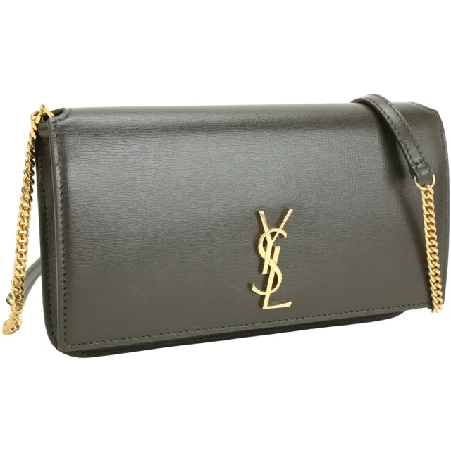 【YSL】Saint Laurent Cassandre 金字小牛皮翻蓋鍊帶手機包(輕麝香色 斜背包 肩背包)