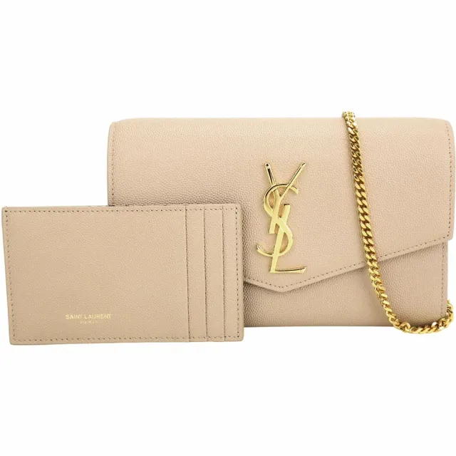 【YSL】Saint Laurent Uptown 魚子醬牛皮手拿/斜背信封包 附卡片夾(奶茶色 肩背 迷你包)