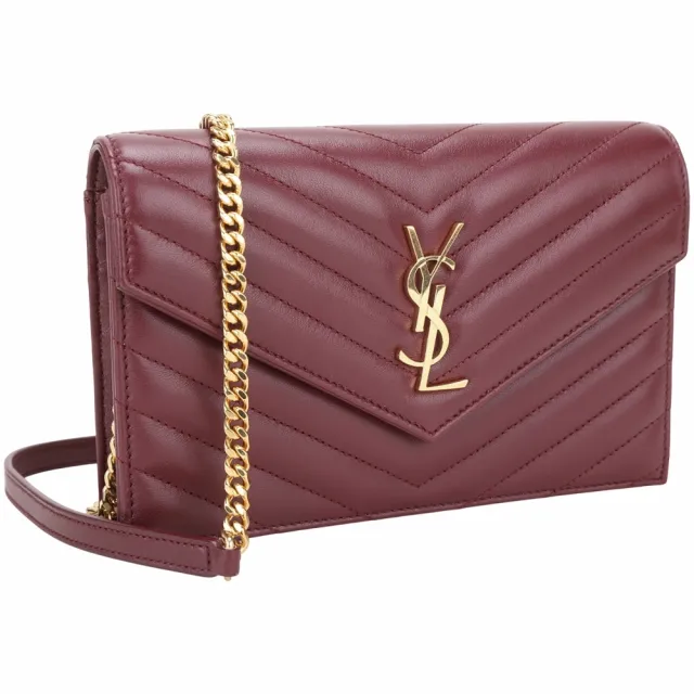 【YSL】Saint Laurent CASSANDRE 金字絎縫羊皮鍊帶斜背包(深紅 手拿包 信封包)