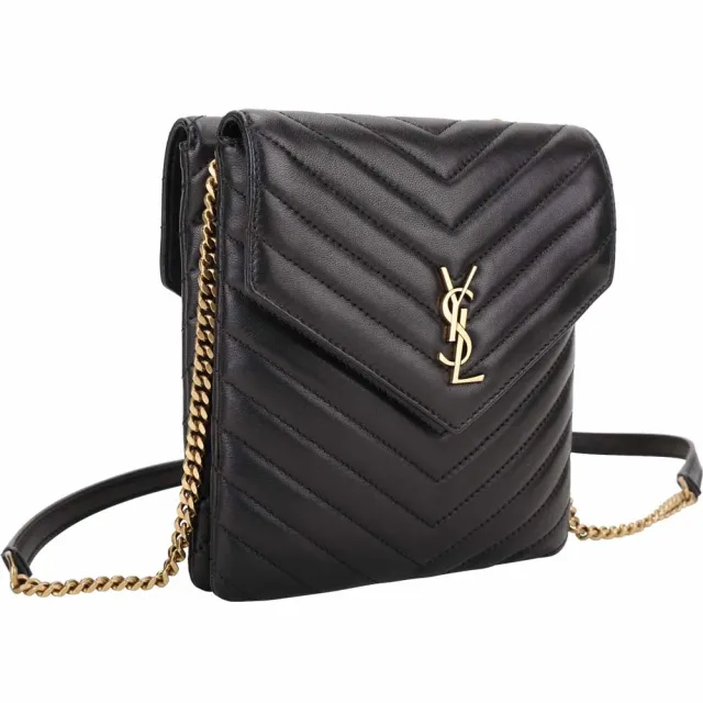 【YSL】Saint Laurent 絎縫小羊皮雙層翻蓋鍊帶斜背包(黑色 肩背包 側肩包 鍊包)