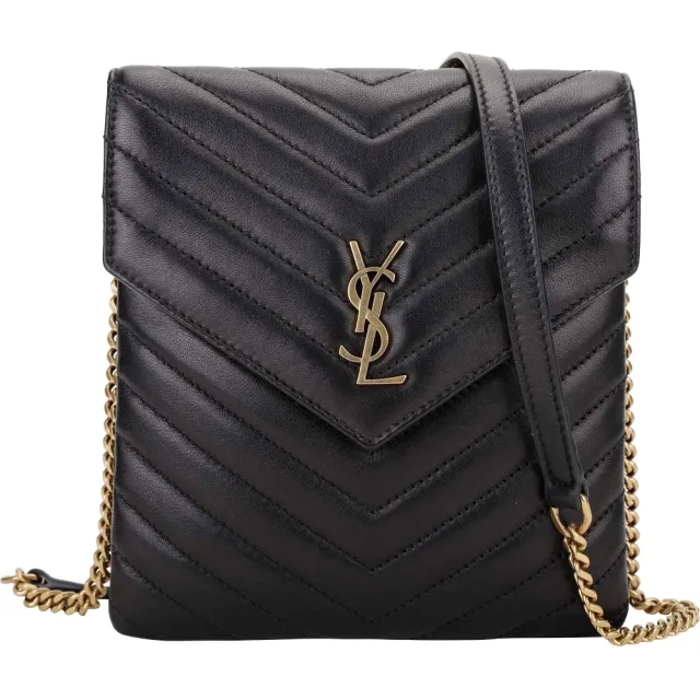 【YSL】Saint Laurent 絎縫小羊皮雙層翻蓋鍊帶斜背包(黑色 肩背包 側肩包 鍊包)