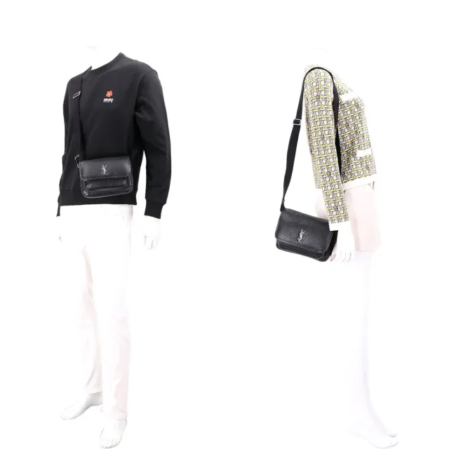 【YSL】Saint Laurent NIKI CASSANDRE 銀字揉製羊皮翻蓋斜背郵差包(黑色 側背 信差包)