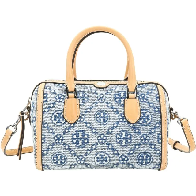 【TORY BURCH】T Monogram 雙T菱格復古水洗丹寧布手提斜背酒桶包(藍色 波士頓包 兩用包)