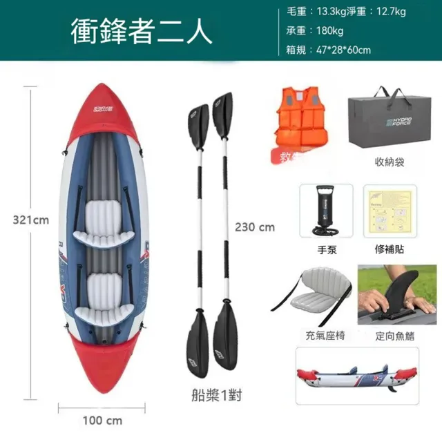 【MOOG 沐格】雙人充氣皮划艇 戶外漂流獨木舟 便攜充氣船 附船槳打氣筒