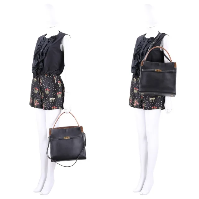 【TORY BURCH】Lee Radziwill 附吊飾鎖釦帶拼色明線邊麂皮襯裡手提/斜背包(黑色 肩背 大包 真皮)