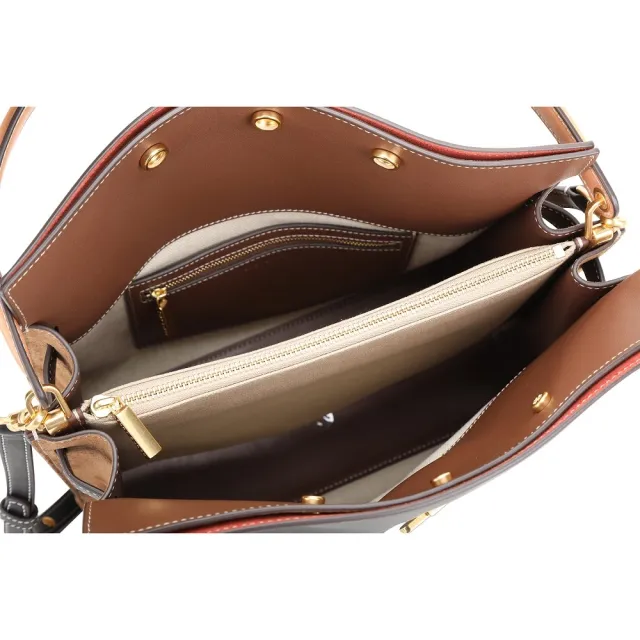 【TORY BURCH】Lee Radziwill 附吊飾鎖釦帶拼色明線邊麂皮襯裡手提/斜背包(黑色 肩背 大包 真皮)