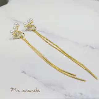 【Ms caramelo 焦糖小姐】夾式耳環K黃 貝珠流蘇耳環(鋯石耳環)