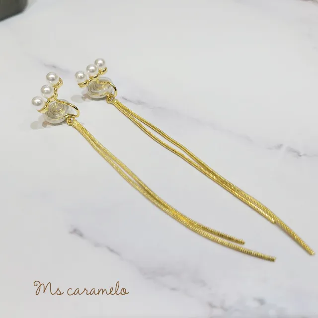【Ms caramelo 焦糖小姐】夾式耳環K黃 貝珠流蘇耳環(鋯石耳環)