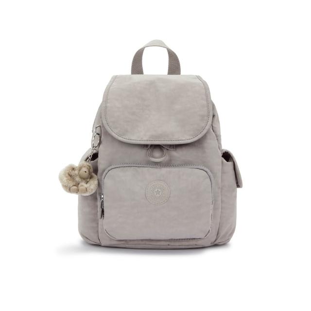 【KIPLING】『猴子包』溫柔沉穩灰拉鍊掀蓋後背包-CITY PACK MINI 女包