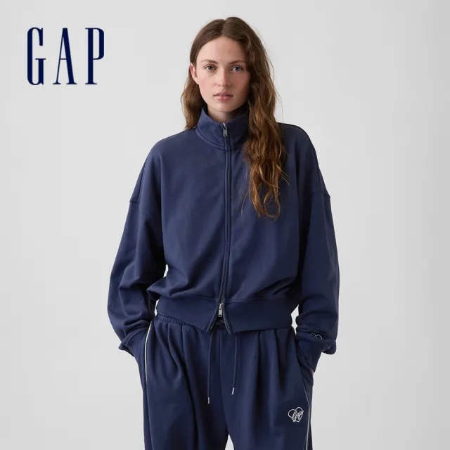 【GAP】VintageSoft毛圈布寬版半高領拉鍊外套-復古深藍(911045)