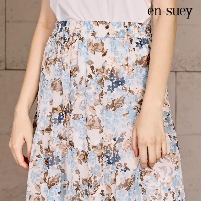 【en-suey 銀穗】飄逸雪紡碎花不規則剪接長裙-女