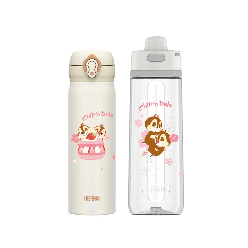 【THERMOS 膳魔師】超值2入_奇奇蒂蒂不鏽鋼超輕量彈蓋真空保溫瓶500ml+輕水瓶710ml(JNL-502CAD+TP4329CAD)