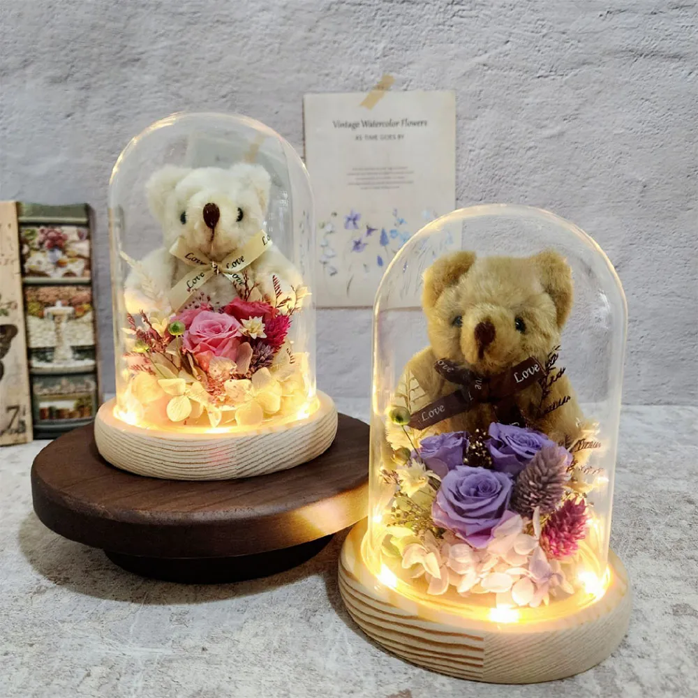 【OSTARA FLORIST 奧斯塔拉花藝】柔美小熊玫瑰玻璃罩鐘(永生花、情人節、生日禮、花禮、交換禮物)