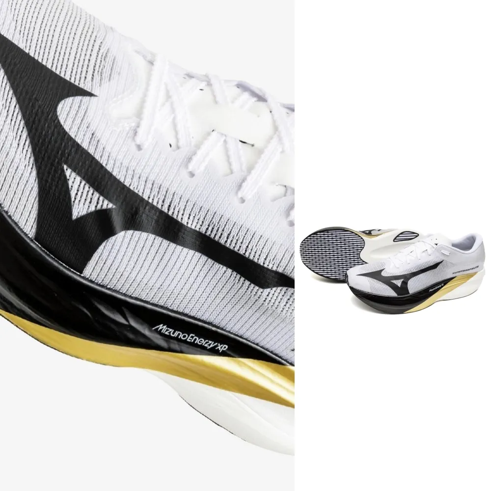 【MIZUNO 美津濃】HYPERWARP ELITE 男款 馬拉松鞋 路跑鞋 J1GC267301 白 黑 金 碳纖維板 競速 摺紙系列
