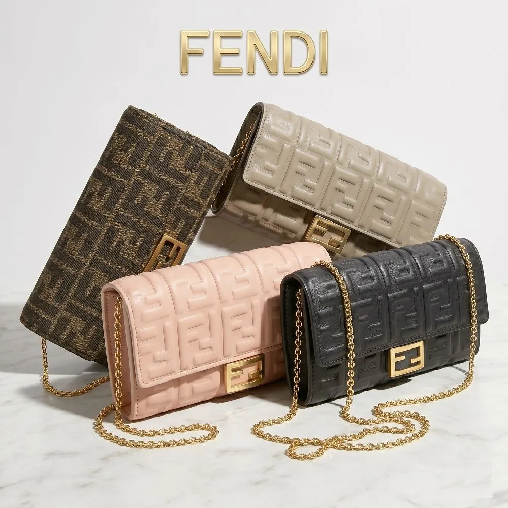 【FENDI 芬迪】Baguette FF 壓花小牛皮 老花帆布 翻蓋鍊帶長夾 斜背包-多色可選
