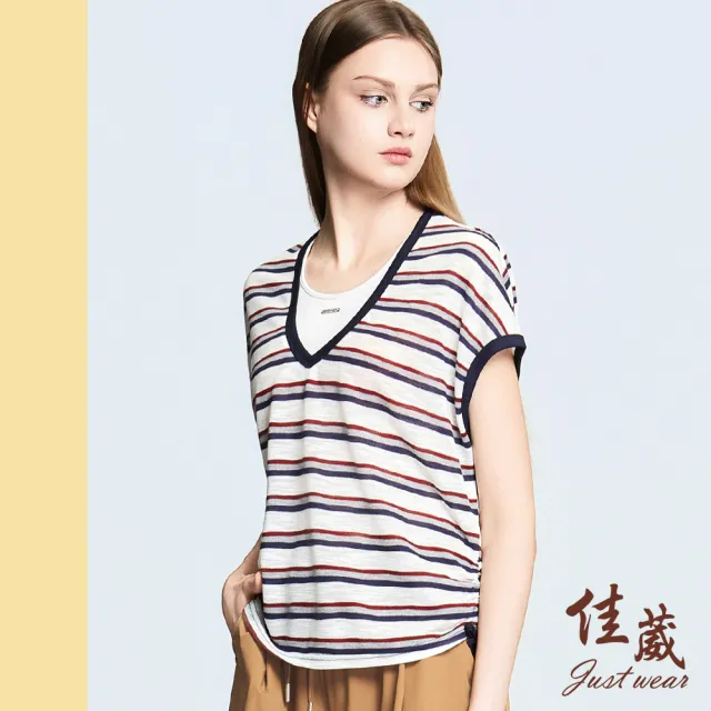 【Just Wear 佳葳】V領假兩件彩條針織上衣 2色(女上衣/女上著/修身/短袖/條紋/拼接/休閒/百搭)